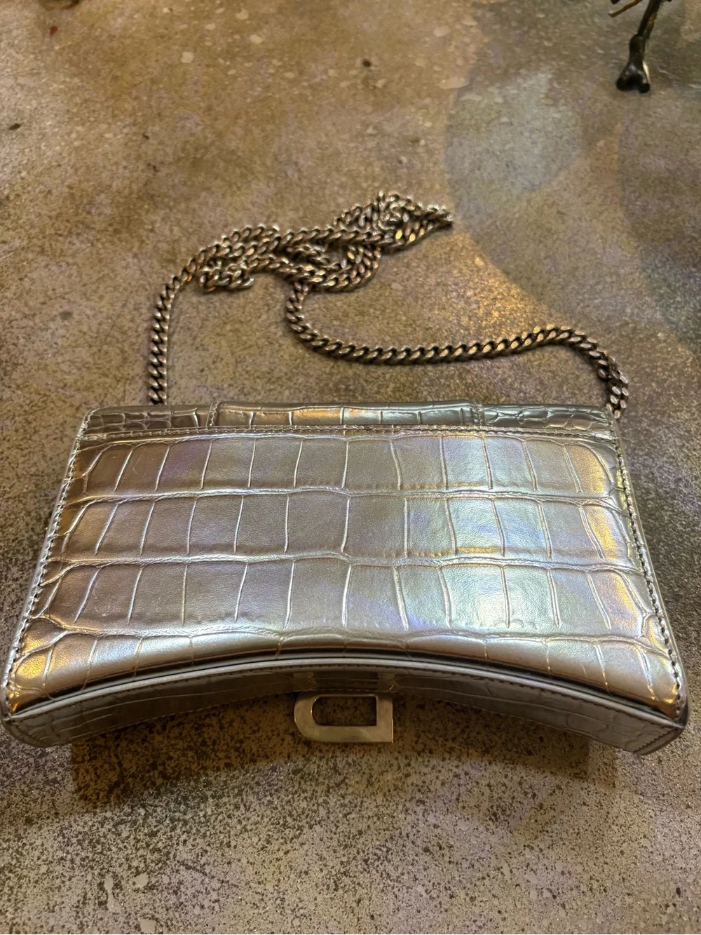 Balenciaga Metallic Silver Croc-Embossed B-Buckle Wallet